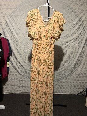Primark Peach Floral Maxi Dress with Green Print size 14